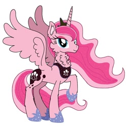 Size: 640x640 | Tagged: safe, artist:saturaed_acidity, derpibooru import, pinkie pie, princess luna, alicorn, pony, g4, alicornified, cheek fluff, concave belly, crown, ear fluff, ears, ethereal mane, eyeshadow, female, hoof shoes, jewelry, makeup, mare, neck fluff, palette swap, peytral, pinkiecorn, princess shoes, race swap, raised hoof, raised leg, recolor, regalia, simple background, slender, smiling, solo, sparkling, sparkling mane, spread wings, thin, white background, wings