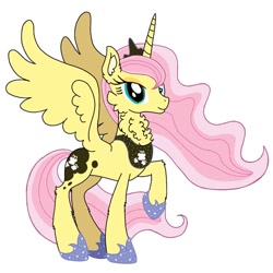 Size: 640x640 | Tagged: safe, artist:saturaed_acidity, derpibooru import, fluttershy, princess luna, alicorn, pony, g4, alicornified, cheek fluff, concave belly, crown, ear fluff, ears, ethereal mane, eyeshadow, female, fluttercorn, hoof shoes, jewelry, makeup, mare, neck fluff, palette swap, peytral, princess shoes, race swap, raised hoof, raised leg, recolor, regalia, simple background, slender, smiling, solo, sparkling, sparkling mane, spread wings, thin, white background, wings