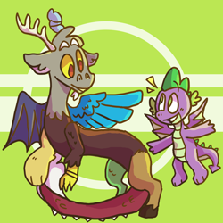 Size: 2000x2000 | Tagged: safe, artist:smile-files, derpibooru import, discord, spike, draconequus, dragon, g4, abstract background, cute, duo, duo male, male