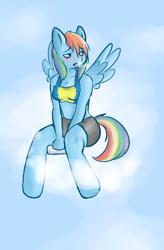 Size: 580x884 | Tagged: safe, artist:cheese-u, derpibooru import, rainbow dash, anthro, pegasus, unguligrade anthro, g4, breath, clothes, cloud, female, lidded eyes, on a cloud, shorts, sitting, sitting on cloud, solo, sports bra, sweat, tired, water bottle