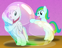 Size: 2250x1750 | Tagged: safe, artist:bladedragoon7575, derpibooru import, oc, oc only, oc:delphina depths, earth pony, pegasus, pony, bipedal, bubble, female, in bubble, male, mare, pegasus oc, stallion