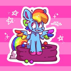 Size: 2000x2000 | Tagged: safe, artist:smile-files, derpibooru import, rainbow dash, pegasus, pony, g4, dashcon, female, grin, mare, smiling, solo, sparkles, striped background, teeth