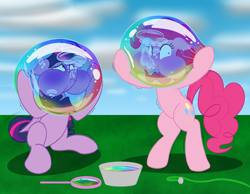 Size: 2250x1750 | Tagged: safe, artist:bladedragoon7575, derpibooru import, pinkie pie, twilight sparkle, twilight sparkle (alicorn), alicorn, earth pony, pony, g4, bipedal, bubble, bubble helmet, female, in bubble, mare, outdoors, puffy cheeks, sky, suffocating, underwater, water