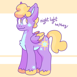 Size: 2000x2000 | Tagged: safe, artist:smile-files, derpibooru import, oc, oc only, oc:night light, pegasus, pony, abstract background, blue coat, character name, cutie mark, folded wings, full body, golden eyes, hooves, male, name, pegasus oc, pronouns, purple coat, reference sheet, smiling, solo, stallion, stallion oc, tail, two toned background, wings, yellow mane, yellow tail