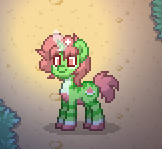 Size: 162x149 | Tagged: safe, derpibooru import, oc, oc only, pony, unicorn, green coat, horn, multicolored coat, outdoors, pony town, smiling, solo, unicorn oc