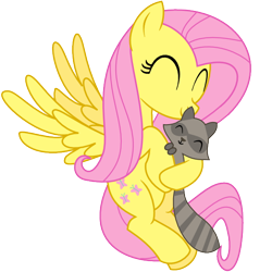 Size: 600x600 | Tagged: safe, artist:adcoon, derpibooru import, fluttershy, pony, raccoon, g4, 2011, ^^, cute, eyes closed, female, flying, hug, mare, shyabetes, simple background, smiling, solo, spread wings, transparent background, vector, wings