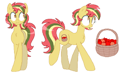 Size: 1044x656 | Tagged: safe, artist:lullapiies, derpibooru import, oc, oc:dandy apple, earth pony, pony, basket, female, long legs, mare, simple background, solo, tall, transparent background