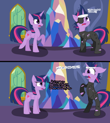 Size: 1920x2160 | Tagged: safe, artist:agreylongma, derpibooru import, twilight sparkle, twilight sparkle (alicorn), unicorn twilight, alicorn, pony, unicorn, g4, bipedal, crystal, dialogue, eyepatch, female, future twilight, horn, mare, text, twilight's castle, twolight