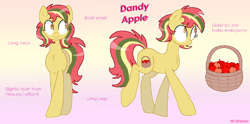 Size: 1318x656 | Tagged: safe, alternate version, artist:lullapiies, derpibooru import, oc, oc:dandy apple, earth pony, pony, basket, female, gradient background, long legs, mare, solo, tall