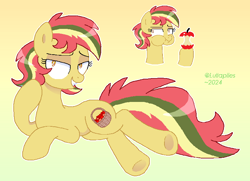 Size: 786x570 | Tagged: safe, artist:lullapiies, derpibooru import, oc, oc:dandy apple, earth pony, pony, apple, apple core, cheek bulge, eating, female, food, lying down, mare, on side, solo