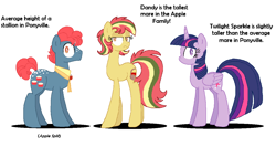 Size: 1221x646 | Tagged: safe, artist:lullapiies, derpibooru import, apple split, twilight sparkle, twilight sparkle (alicorn), oc, oc:dandy apple, alicorn, earth pony, pony, g4, apple family member, female, height difference, long legs, mare, tall