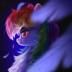 Size: 3000x3000 | Tagged: safe, artist:unt3n, derpibooru import, rainbow dash, pegasus, pony, g4, bust, crying, fanart, feather, portrait, solo