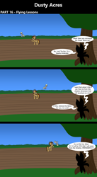 Size: 1920x3516 | Tagged: safe, artist:platinumdrop, derpibooru import, derpy hooves, oc, oc:dusty hooves, oc:kikat, earth pony, pegasus, comic:dusty acres, series:technoverse, g4, 3 panel comic, comic, commission, dialogue, female, filly, flying, foal, male, speech bubble, stallion, younger