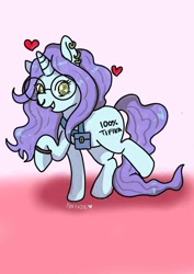 Size: 904x1280 | Tagged: safe, artist:anykoe, derpibooru import, oc, unicorn, accessory, bag, cute, ear piercing, earring, female, floating heart, glasses, gradient background, heart, horn, jewelry, long mane, looking at you, piercing, signature, smiling, smiling at you, solo, unicorn oc