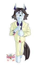 Size: 3086x4922 | Tagged: safe, artist:jawslocks03, derpibooru import, oc, oc:handsome henry, anthro, earth pony, unguligrade anthro, biker, biker gang, brown mane, character render, clothes, graying hair, mlha, my little hazards area, opposable hooves, parody, riding wasps, solo, suit, sunglasses, white coat