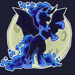 Size: 1000x1000 | Tagged: safe, artist:cookiedough, derpibooru import, nightmare moon, alicorn, pony, g4, armor, ethereal mane, full body, moon, patterned background, signature, solo