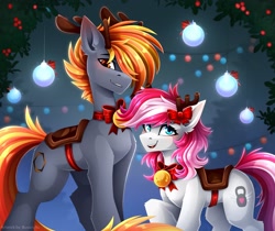 Size: 2560x2150 | Tagged: safe, artist:buvanybu, derpibooru import, oc, oc only, earth pony, pony, artist name, bell, blue eyes, brown eyes, christmas, duo, duo male and female, earth pony oc, female, gray coat, hair ribbon, holiday, holly, male, mare, mare oc, open mouth, open smile, orange mane, orange tail, raised hoof, raised leg, ribbon, saddle, smiling, stallion, stallion oc, tack, tail, teeth, two toned mane, two toned tail, white coat