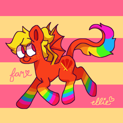 Size: 2000x2000 | Tagged: safe, artist:smile-files, derpibooru import, oc, oc only, oc:fan ii, pegasus, pony, 2021, > fan's ponysona, bat wings, full body, rainbow tail, red coat, smiling, solo, striped background, tail, wings, yellow mane