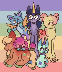 Size: 1727x1986 | Tagged: safe, artist:smile-files, derpibooru import, applejack, fluttershy, pinkie pie, rainbow dash, rarity, twilight sparkle, cat, dog, hybrid, pony, unicorn, alternate design, alternate universe, blue coat, blue fur, glasses, group, horn, mane six, multicolored background, orange coat, pink fur, purple coat, purple fur, redesign, siamese cat, smiling, yellow coat