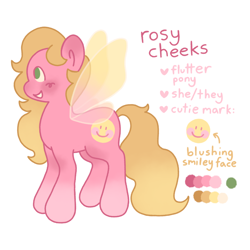 Size: 1280x1280 | Tagged: safe, artist:smile-files, derpibooru import, oc, oc only, oc:rosy cheeks, flutter pony, pony, blonde, blonde mane, blonde tail, butterfly wings, full body, pink coat, ponysona, reference sheet, simple background, smiling, tail, white background, wings