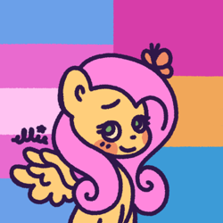 Size: 1280x1280 | Tagged: safe, artist:smile-files, derpibooru import, fluttershy, butterfly, pegasus, pony, g4, bust, female, green eyes, icon, mare, pansexual pride flag, pink mane, pride, pride flag, smiling, solo, spread wings, transgender pride flag, wings, yellow coat