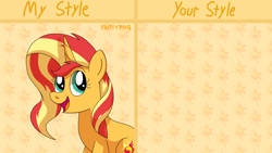 Size: 1920x1080 | Tagged: safe, artist:fruitypieq, derpibooru import, sunset shimmer, pony, unicorn, g4, abstract background, draw this in your style, female, horn, mare, open mouth, open smile, smiling, solo