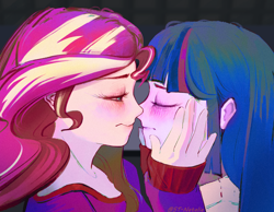 Size: 2830x2193 | Tagged: safe, artist:sunlight-twinkle, derpibooru import, sunset shimmer, twilight sparkle, equestria girls, g4, blushing, duo, eyes closed, female, imminent kissing, lesbian, shipping, signature, sunsetsparkle