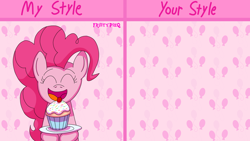 Size: 1920x1080 | Tagged: safe, artist:fruitypieq, derpibooru import, pinkie pie, earth pony, pony, g4, abstract background, bust, cupcake, draw this in your style, eyes closed, female, food, holding, mare, open mouth, open smile, plate, smiling, solo