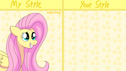 Size: 1920x1080 | Tagged: safe, artist:fruitypieq, derpibooru import, fluttershy, pegasus, pony, g4, abstract background, bust, draw this in your style, eyes closed, female, grin, mare, smiling, solo