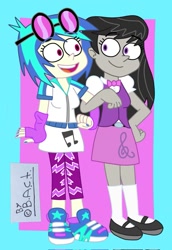 Size: 703x1024 | Tagged: safe, artist:garybaldor, derpibooru import, dj pon-3, octavia melody, vinyl scratch, human, equestria girls, g4, blue nail polish, clothes, cutie mark on clothes, duo, duo female, equestria girls-ified, female, generation leap, glasses, lesbian, painted nails, pants, passepartout, scratchtavia, shipping, shoes, signature, skirt, smiling, sneakers