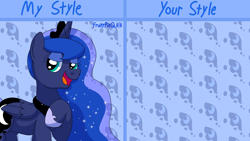 Size: 1920x1080 | Tagged: safe, artist:fruitypieq, derpibooru import, princess luna, alicorn, pony, g4, abstract background, bust, draw this in your style, female, horn, mare, open mouth, open smile, smiling, solo