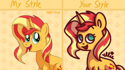 Size: 1920x1080 | Tagged: safe, artist:fruitypieq, artist:smile-files, derpibooru import, sunset shimmer, pony, unicorn, g4, abstract background, draw this in your style, female, horn, mare, open mouth, open smile, smiling, solo