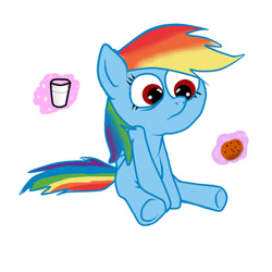 Size: 1024x1024 | Tagged: safe, artist:mrrainbowzombie, derpibooru import, rainbow dash, pegasus, pony, g4, .mov, cookie, cute, dashabetes, female, folded wings, food, frown, glass, hotdiggedydemon-ish, magic, mare, milk, pony.mov, rainbow dash is not amused, simple background, sitting, solo, style emulation, telekinesis, unamused, white background, wings