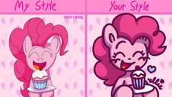 Size: 1920x1080 | Tagged: safe, artist:fruitypieq, artist:smile-files, derpibooru import, pinkie pie, earth pony, pony, g4, abstract background, bust, cupcake, draw this in your style, eyes closed, female, food, holding, mare, open mouth, open smile, plate, smiling, solo