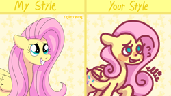 Size: 1920x1080 | Tagged: safe, artist:fruitypieq, artist:smile-files, derpibooru import, fluttershy, pegasus, pony, g4, abstract background, bust, draw this in your style, eyes closed, female, grin, mare, smiling, solo