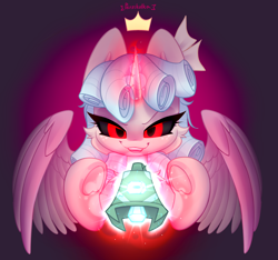 Size: 3200x3000 | Tagged: safe, artist:persikulka, derpibooru import, cozy glow, alicorn, pegasus, pony, g4, alicornified, bell, cozycorn, evil smile, female, filly, foal, glowing, glowing horn, gradient background, grogar's bell, horn, magic, pure unfiltered evil, race swap, red eyes, signature, smiling, solo, telekinesis