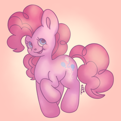 Size: 1000x1000 | Tagged: safe, artist:smile-files, derpibooru import, pinkie pie, earth pony, pony, g4, full body, pink coat, pink mane, pink tail, raised hoof, raised leg, smiling, soft shading, solo, tail