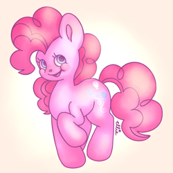 Size: 1000x1000 | Tagged: safe, alternate version, artist:smile-files, derpibooru import, pinkie pie, earth pony, pony, g4, full body, pink coat, pink mane, pink tail, raised hoof, raised leg, smiling, soft shading, solo, tail