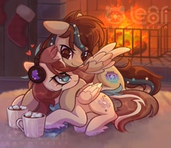 Size: 1932x1678 | Tagged: safe, artist:lenori, derpibooru import, oc, oc only, pegasus, bandana, chocolate, couple, duo, duo male and female, female, fireplace, food, headphones, hot chocolate, indoors, male, marshmallow, pegasus oc