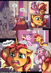 Size: 3541x5121 | Tagged: safe, artist:baban illustration, artist:lummh, derpibooru import, princess cadance, princess celestia, sunset shimmer, alicorn, pony, unicorn, comic:the princess of love, g4, absurd resolution, canterlot castle interior, comic, cute, cutedance, emanata, female, filly, filly sunset shimmer, foal, glowing, horn, indoors, looking at each other, looking at someone, magic, mare, patreon, patreon logo, sad, speech bubble, statue, teen princess cadance, telekinesis, younger, younger sunset