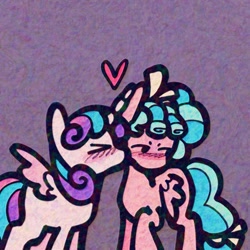 Size: 2048x2048 | Tagged: safe, artist:dummbeez, derpibooru import, cozy glow, princess flurry heart, alicorn, pegasus, pony, blushing, bow, duo, duo female, eyes closed, female, hair bow, heart, kiss on the cheek, kissing, lesbian, mare, older, older cozy glow, older flurry heart, ship:cozyheart, shipping