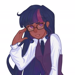 Size: 2176x2172 | Tagged: safe, artist:lunastxar, derpibooru import, twilight sparkle, human, g4, clothes, dark skin, female, glasses, gritted teeth, humanized, necktie, shirt, simple background, solo, teeth, vest, white background, wip