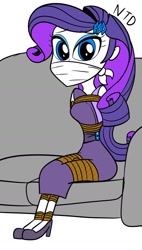 Size: 999x1760 | Tagged: safe, artist:atmu, derpibooru import, rarity, human, equestria girls, g4, bondage, bound and gagged, cloth gag, damsel in distress, gag, help me, mannequin, over the nose gag, ropes, sofa, tied hair, tied to chair