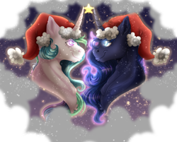 Size: 4896x3928 | Tagged: safe, artist:22poisoncookie22, derpibooru import, princess celestia, princess luna, alicorn, pony, g4, absurd resolution, bust, christmas, female, hat, holiday, looking at each other, looking at someone, mare, royal sisters, santa hat, siblings, sisters, snow, snowfall, stars