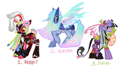 Size: 2048x1207 | Tagged: safe, artist:eyerealm, artist:junglicious64, derpibooru import, oc, oc only, oc:aurora, oc:hecate, oc:rabbit, alicorn, earth pony, pony, unicorn, collaboration, adoptable, adoptable open, alicorn oc, augmented, bangs, bat wings, beads, beauty mark, black and white mane, black and white tail, black coat, blank flank, blaze (coat marking), blue coat, blue sclera, bow, bowtie, box braids, braid, bunny ears, bunny tail, cascading cutie mark, choker, clothes, coat markings, colored belly, colored eyelashes, colored horn, colored horns, colored horntip, colored legs, colored lineart, colored muzzle, colored pupils, colored sclera, colored teeth, colored wings, cross, curved horns, ear tufts, earth pony oc, ethereal mane, ethereal tail, ethereal wings, eye markings, eyeball, eyelashes, eyepatch, eyeshadow, facial markings, fake ears, fake horns, fake wings, fangs, female, flower, flower in hair, for sale, frilly socks, frutiger metro, glowing, glowing mane, glowing tail, glowing wings, gradient mane, gradient tail, gradient wings, green coat, green text, hair accessory, hair bow, hoof shoes, horn, hornless unicorn, horns, leg markings, long mane, long tail, looking back, makeup, mane accessory, mare, mismatched socks, multicolored mane, multicolored tail, multicolored wings, no catchlights, open mouth, open smile, pale belly, pale muzzle, pink eyes, pink pupils, pink text, platform shoes, profile, purple eyelashes, purple eyeshadow, raised hoof, raised leg, red eyelashes, red eyes, red pupils, red sclera, red text, shoes, simple background, smiling, socks, sparkles, sparkly eyes, sparkly mane, sparkly tail, sparkly wings, spread wings, standing, standing on three hooves, straight mane, straight tail, striped horns, striped socks, tail, tail accessory, tail bow, tail markings, thick eyelashes, thin tail, three quarter view, tied mane, trio, two toned horn, two toned mane, two toned tail, wall of tags, watermark, white background, white tail, white wings, wingding eyes, wings, yellow teeth