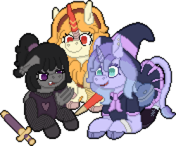 Size: 1408x1168 | Tagged: safe, artist:bloonacorn, derpibooru import, oc, oc:galena, oc:gloria graces, bat pony, kirin, unicorn, armor, bat pony oc, clothes, female, hat, headband, horn, kirin oc, lance, simple background, skirt, sword, transparent background, trio, trio female, unicorn oc, weapon, witch hat