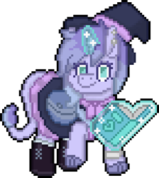 Size: 608x680 | Tagged: safe, artist:bloonacorn, derpibooru import, oc, unicorn, bag, book, digital art, hat, horn, pixel art, saddle bag, simple background, solo, transparent background, unicorn oc, witch hat