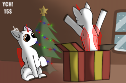 Size: 1440x950 | Tagged: safe, artist:thomas.senko, derpibooru import, alicorn, changeling, earth pony, griffon, pegasus, pony, unicorn, brown eyes, christmas, christmas lights, christmas star, christmas tree, cute, detailed background, duo, duo female, duo focus, duo male, duo male and female, ears up, female, folded wings, happy, holiday, horn, interior, jumping, light skin, male, present, raised hoof, raised leg, shading, shadow, sitting, snow, snowfall, soft shading, surprised, tree, window, wings