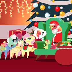 Size: 2160x2160 | Tagged: safe, anonymous artist, derpibooru import, big macintosh, fluttershy, gentle breeze, posey shy, oc, oc:apple sorbet, oc:late riser, oc:pink lemonade, earth pony, pegasus, pony, series:fm holidays, series:hearth's warming advent calendar 2024, g4, advent calendar, alternate hairstyle, animal costume, baby, baby carrier, baby pony, bell, bell collar, camera, chair, christmas, christmas lights, christmas tree, clothes, collar, colt, costume, ears, emanata, eyebrows, family, father and child, father and son, female, filly, floppy ears, fluttermac, fluttershy is not amused, foal, frown, grandparents, grin, high res, holiday, hoof hold, lineless, male, mall santa, mare, nervous, nervous smile, offspring, pacifier, parent and child, parent:big macintosh, parent:fluttershy, parents:fluttermac, plewds, pointy ponies, present, question mark, raised eyebrow, red nose, reindeer costume, saddle, santa costume, ship:shys, shipping, short mane, smiling, stallion, straight, sweat, sweatdrops, tack, thought bubble, tree, unamused