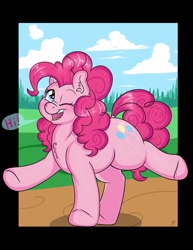 Size: 850x1100 | Tagged: safe, artist:takutanuvataio, derpibooru import, pinkie pie, earth pony, pony, g4, bipedal, breaking the fourth wall, chest fluff, cute, diapinkes, digital art, dock, ear fluff, ears, female, hi, looking at you, mare, one eye closed, open mouth, open smile, outdoors, passepartout, smiling, smiling at you, solo, speech bubble, tail, talking to viewer, wink, winking at you